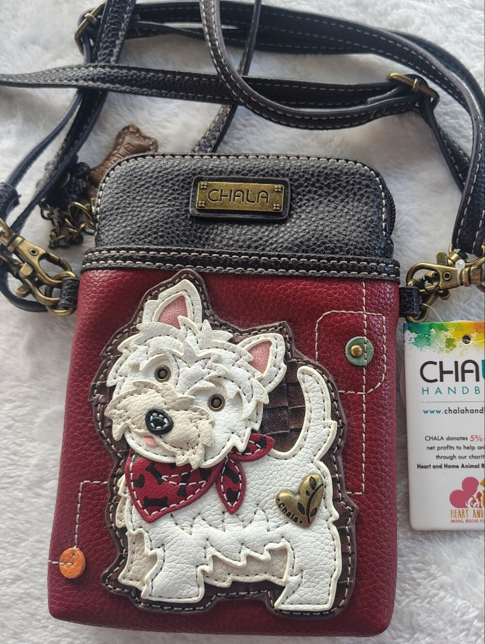 Chala Red Crossbody Phone Bag with Puppy Applique and Black Trim - Picture 7 of 8